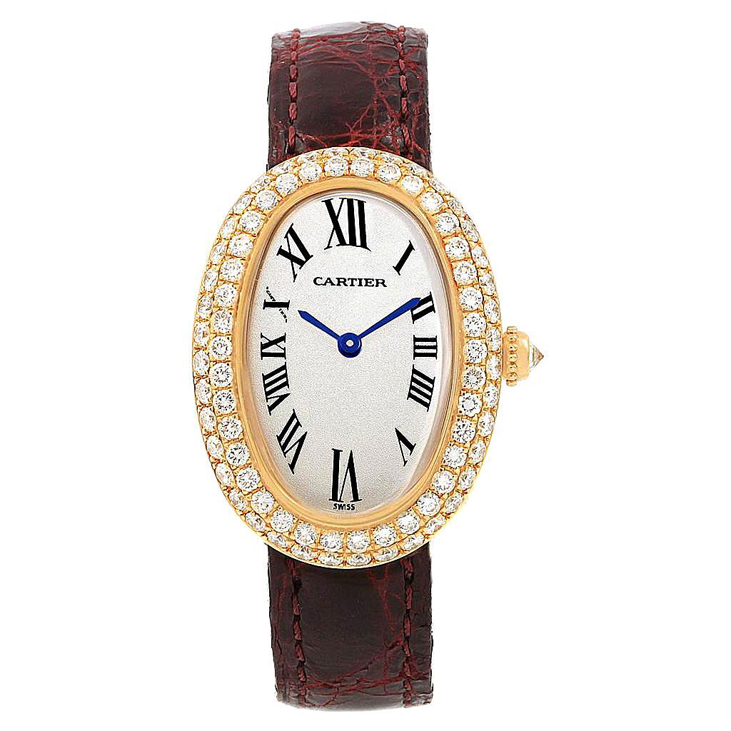 Cartier Baignoire Burgundy Strap Yellow Gold Diamond Ladies Watch 1954