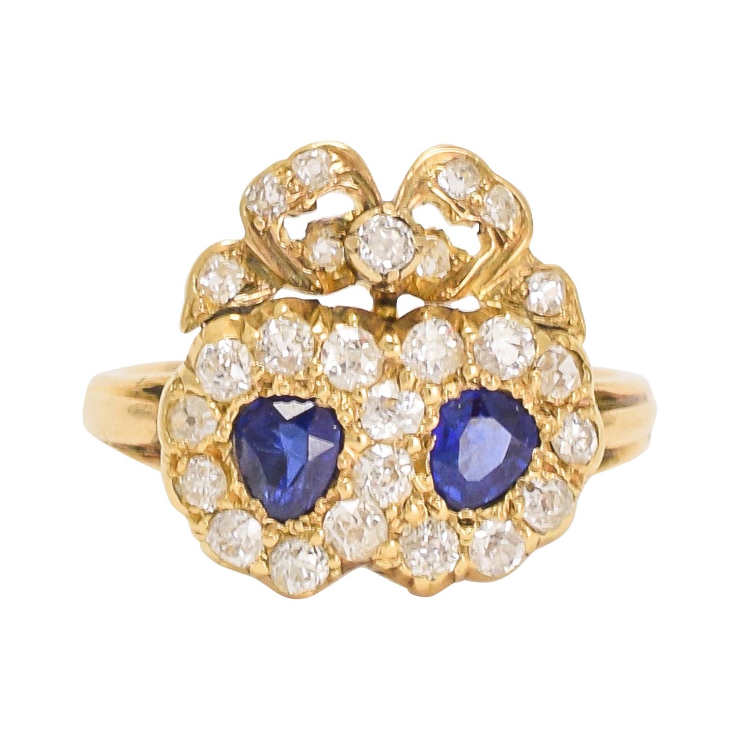 Victorian Sapphire Diamond Bowed Double Heart Ring