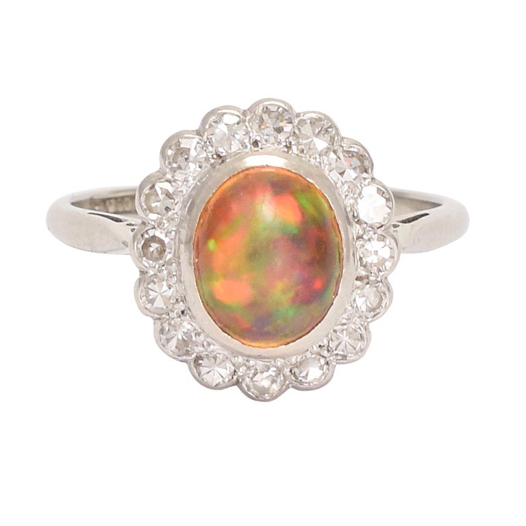 Art Deco Jelly Opal Diamond Flower Cluster Ring at 1stDibs
