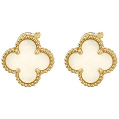 White Mother of Pearl Clover 18 Karat Yellow Gold Vintage Alhambra Earrings VCA