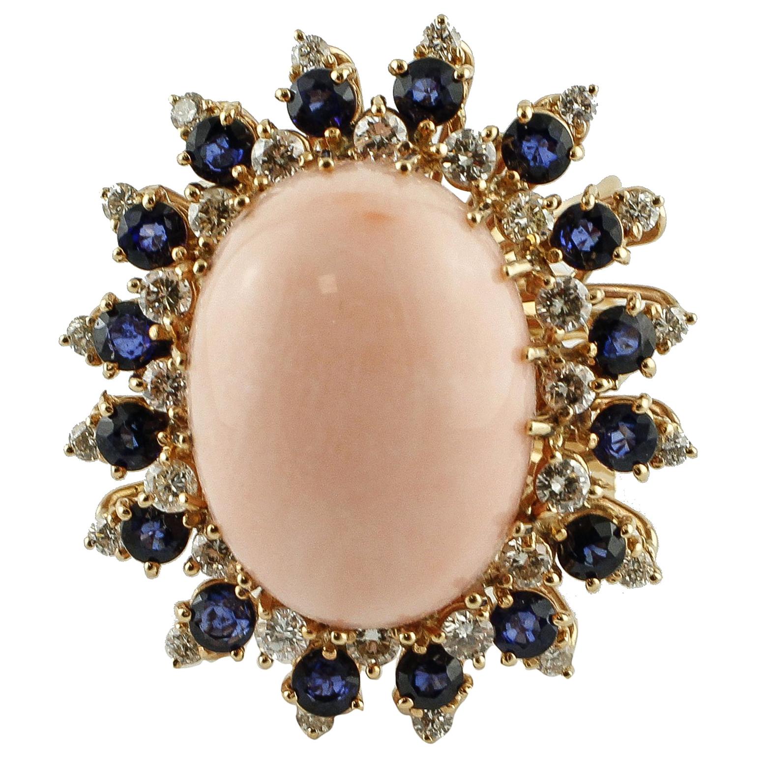 Pink Coral, Blue Sapphires, Diamonds 18 Karat Rose Gold Ring For Sale