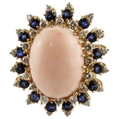 Pink Coral, Blue Sapphires, Diamonds 18 Karat Rose Gold Ring