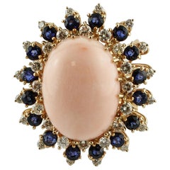 Vintage Pink Coral, Blue Sapphires, Diamonds 18 Karat Rose Gold Ring