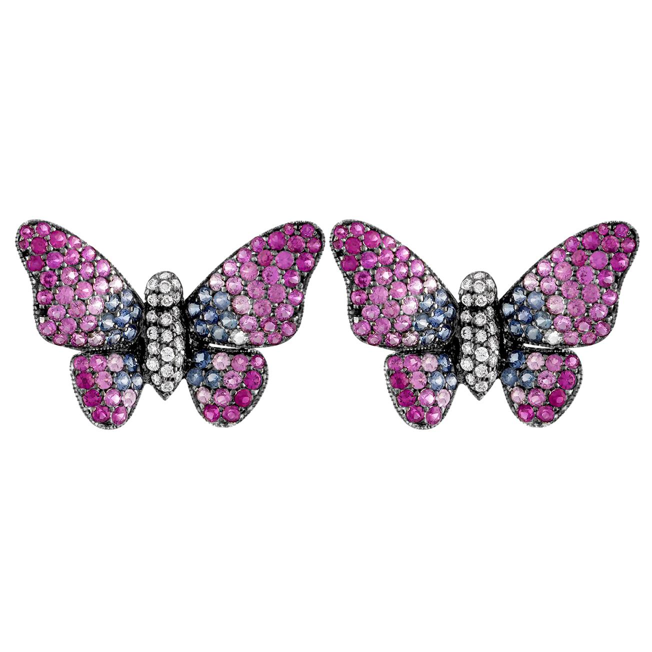 Ruchi New York Pink, Blue Sapphire and Diamond Butterfly Stud Earrings