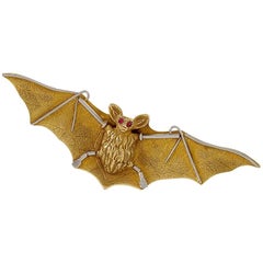 Antique Art Nouveau Gold, Platinum and Ruby Bat Brooch