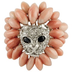 Retro Corals, Diamonds, Blue Sapphires, 14 Karat White Gold Lion Ring