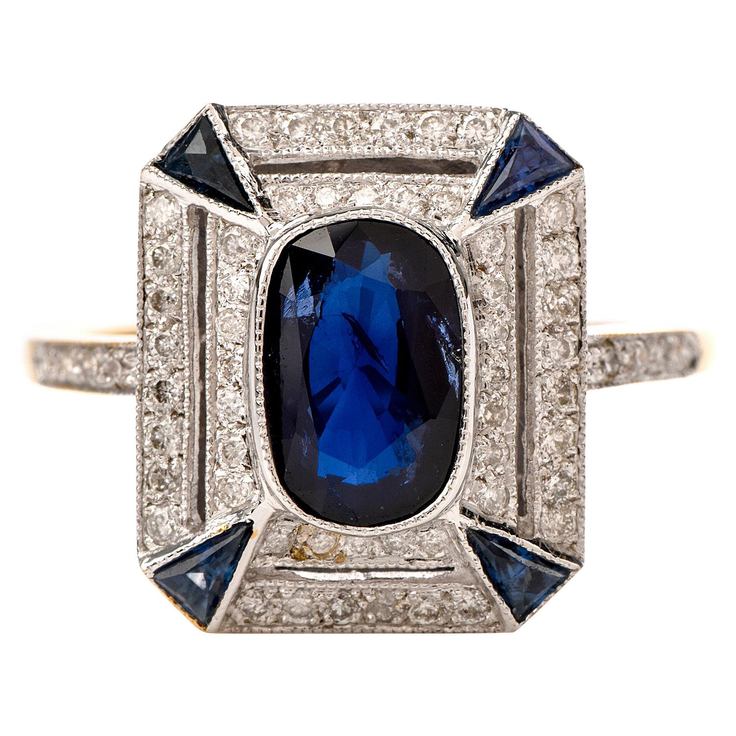 Blue Sapphire Diamond Rectangle 18 Karat Yellow Gold Ring
