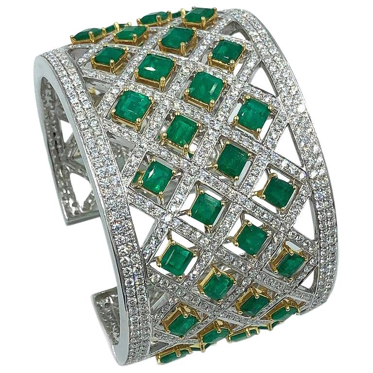 Exceptional Handcrafted Platinum Diamond and Emerald Wide Cuff Bracelet