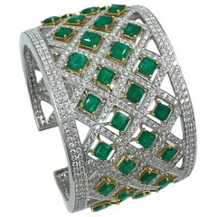 Vintage Exceptional Handcrafted Platinum Diamond and Emerald Wide Cuff Bracelet