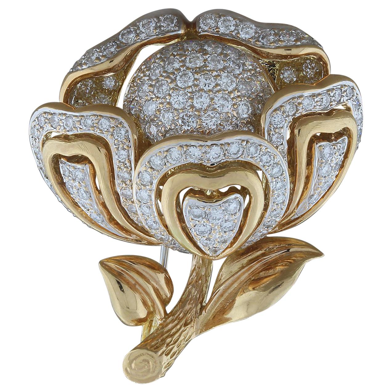 Estate Diamond Gold Flower Brooch For Sale