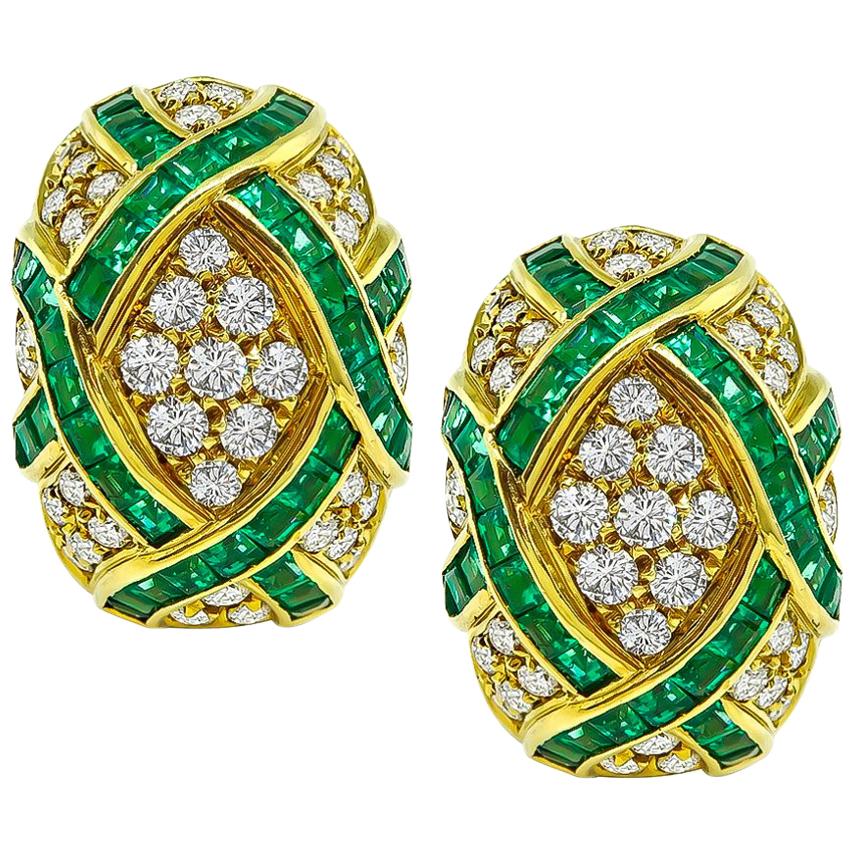 Diamond Emerald Yellow Gold Earrings