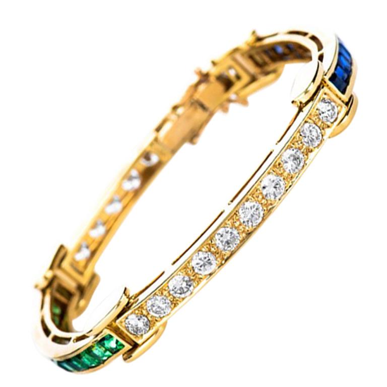 Estate 18K Gold 7.2 CTW Natural Sapphire, Tsavorite & Diamond Bracelet 26 Grams  For Sale