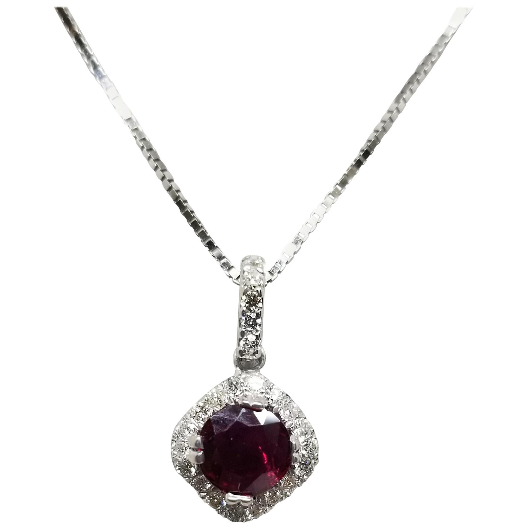 14 Karat Ruby and Diamond Halo Pendant For Sale