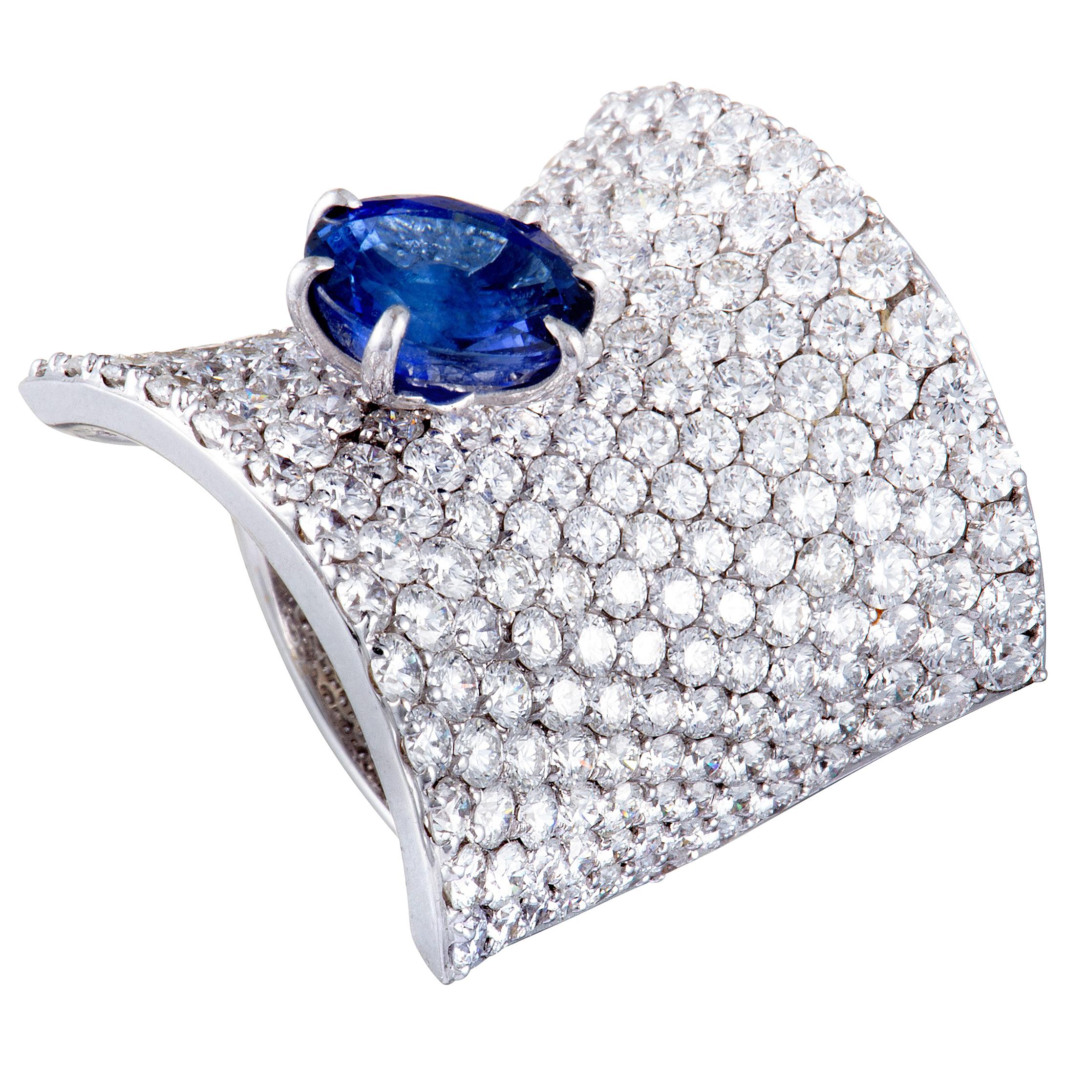 Stefan Hafner Diamond Pave and Sapphire White Gold Curved Ring Size 7