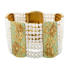 Floral Enameled White Pearl Gold Bracelet