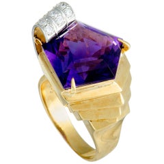 Diamond Pave and Pentagon Amethyst Yellow Gold and Platinum Ring