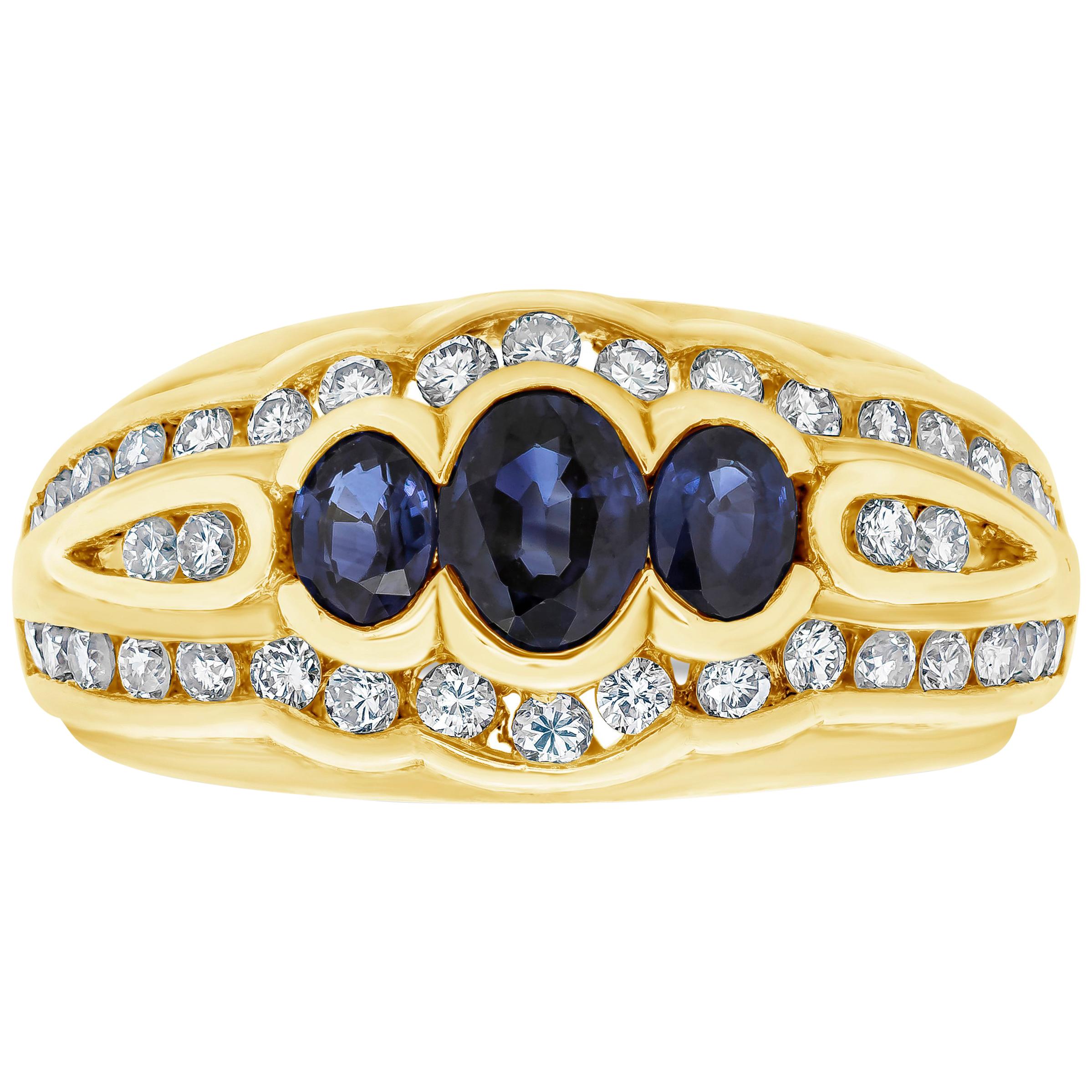 Three-Stone Blue Sapphire and Diamond Fashion Ring For Sale