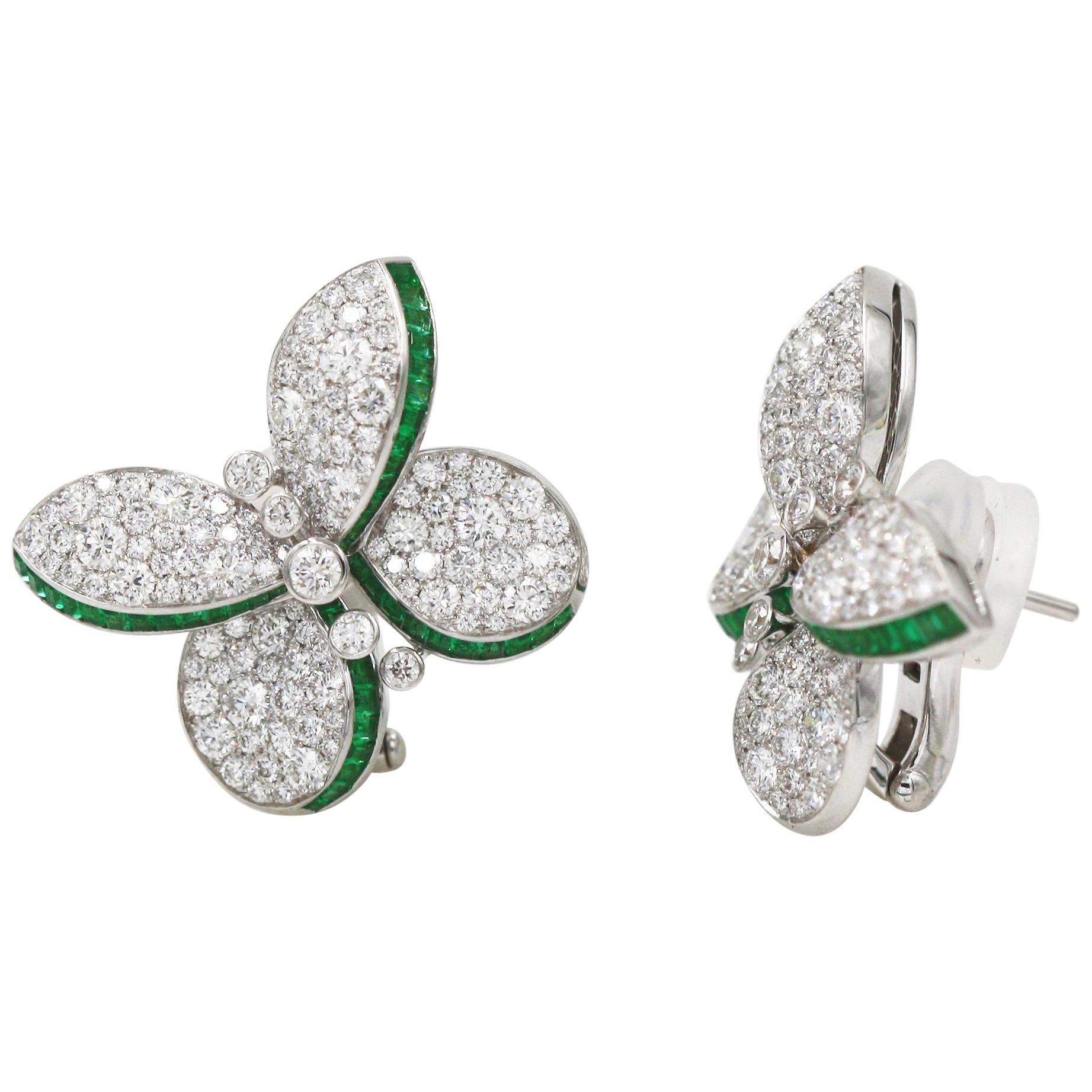 Graff White Gold Princess Butterfly Diamond and Emerald Stud Earrings For Sale