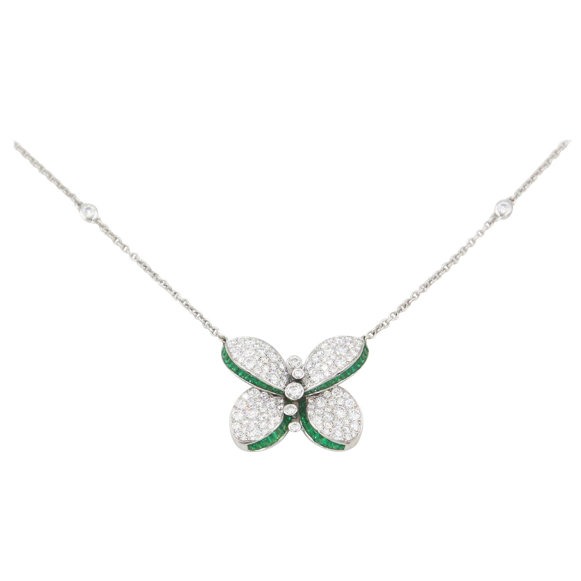 Graff Princess Butterfly Pendant with Round Diamond & Baguette Emerald Necklace For Sale