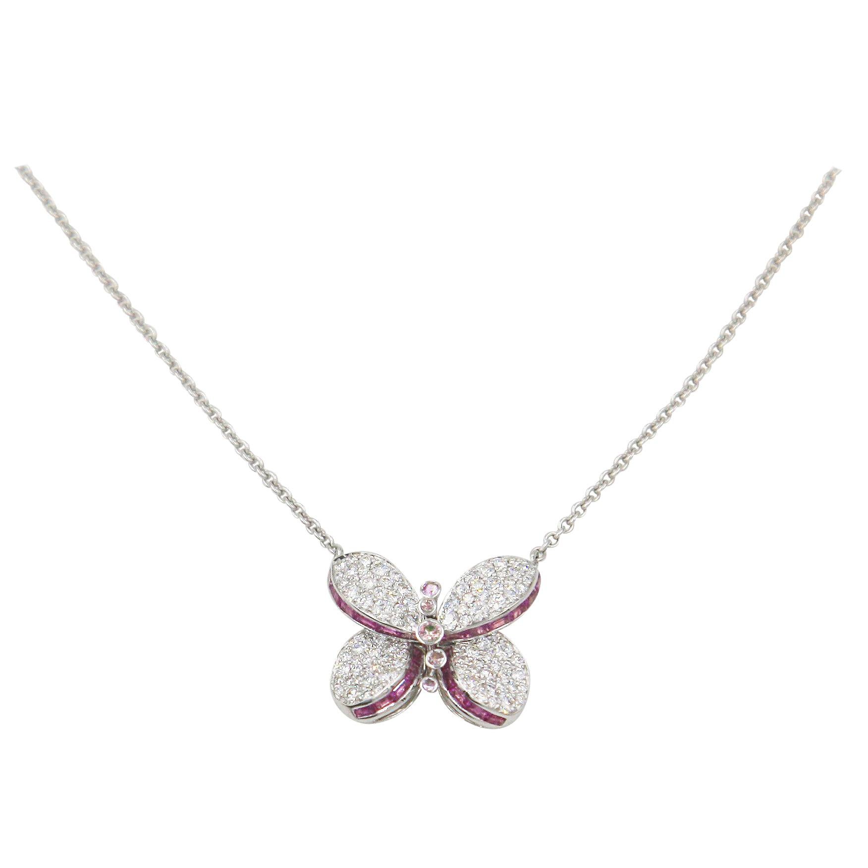 Graff Princess Butterfly Pendant with Diamonds & Pink & Purple Sapphire Necklace For Sale