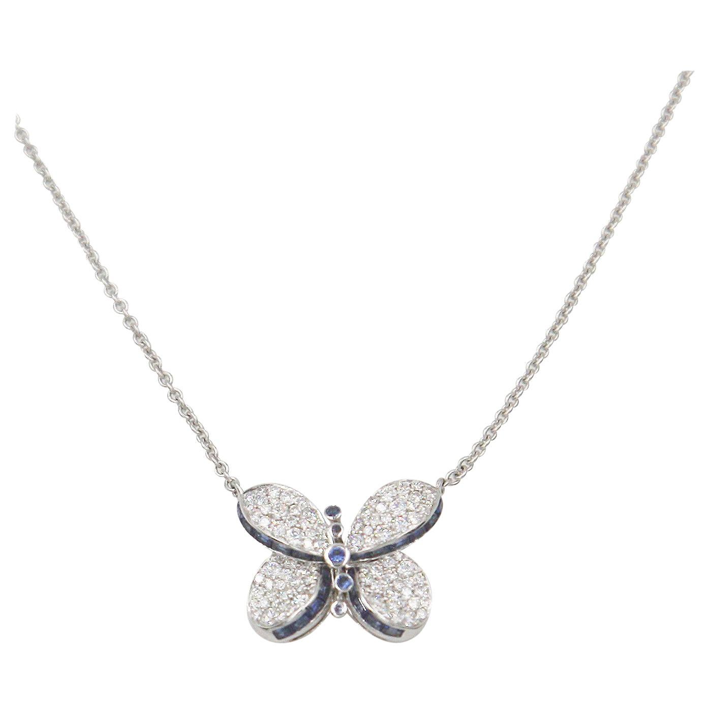 Graff Princess Butterfly Pendant w/ Pavé Diamonds &  Light Blue Sapphire Necklac For Sale