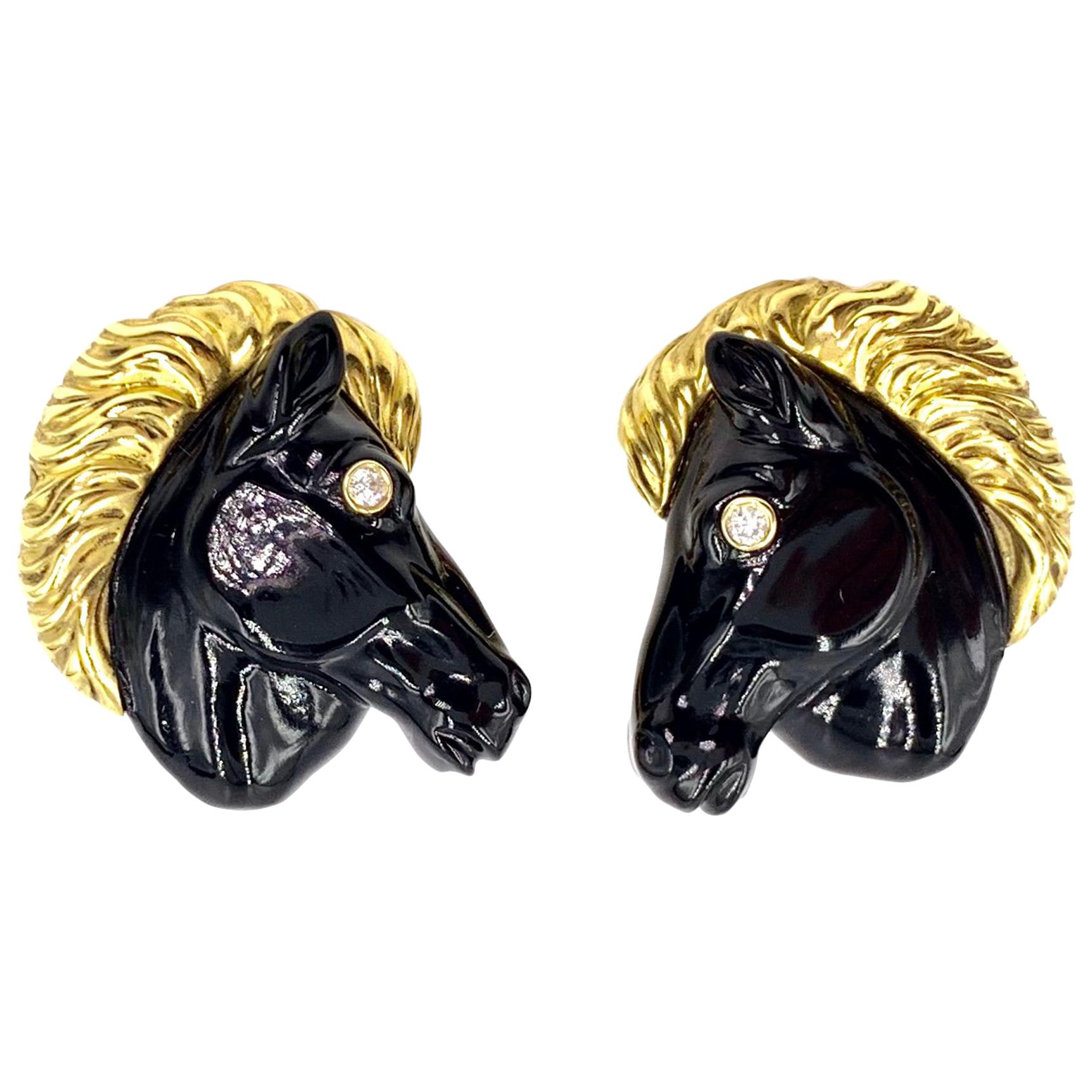 George Gero 18 Karat Carved Onyx and Diamond Horse Head Cufflinks For Sale