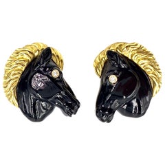 Retro George Gero 18 Karat Carved Onyx and Diamond Horse Head Cufflinks