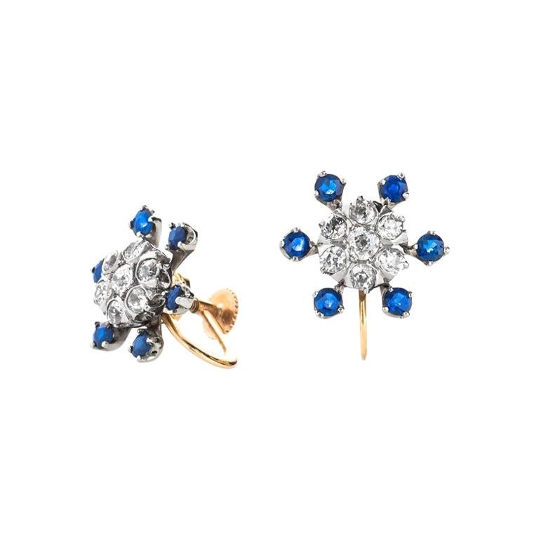 Estate Antique 14K Yellow Gold 2.5 CTW Mine Cut Diamond Sapphire Clipon Earrings For Sale