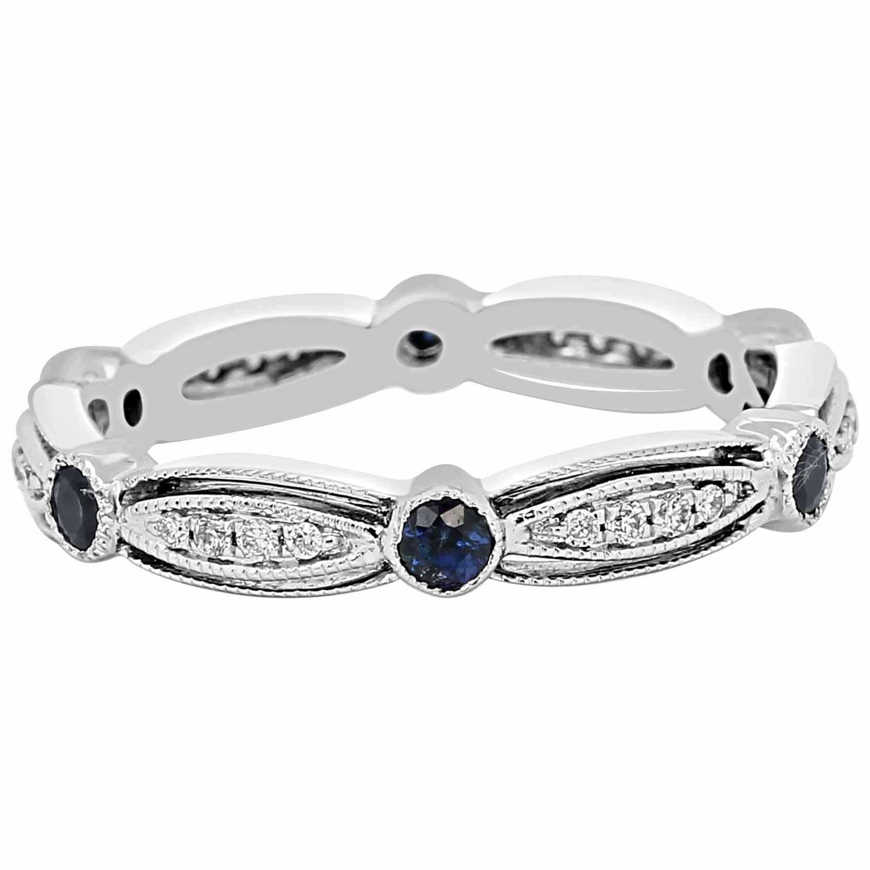 Blue Sapphire Round Diamond Fashion Cocktail Filigree Gold Eternity Band Ring
