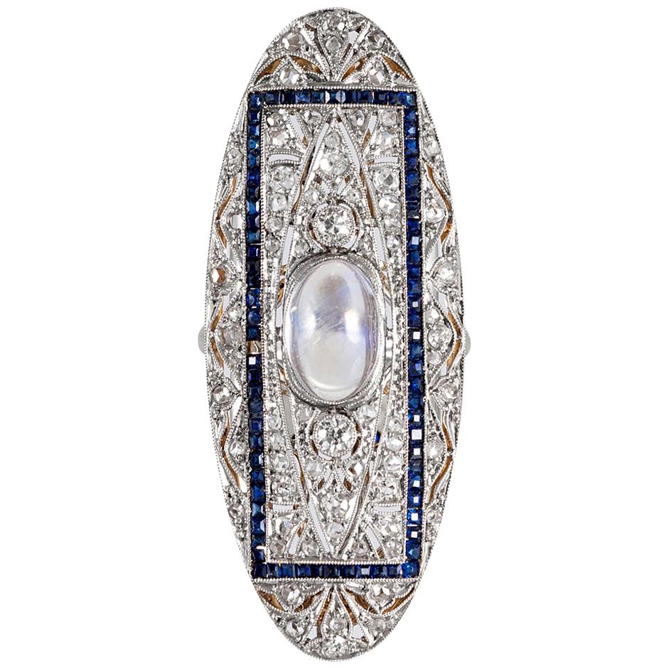 Edwardian Moonstone, Diamond and Sapphire Plaque Ring
