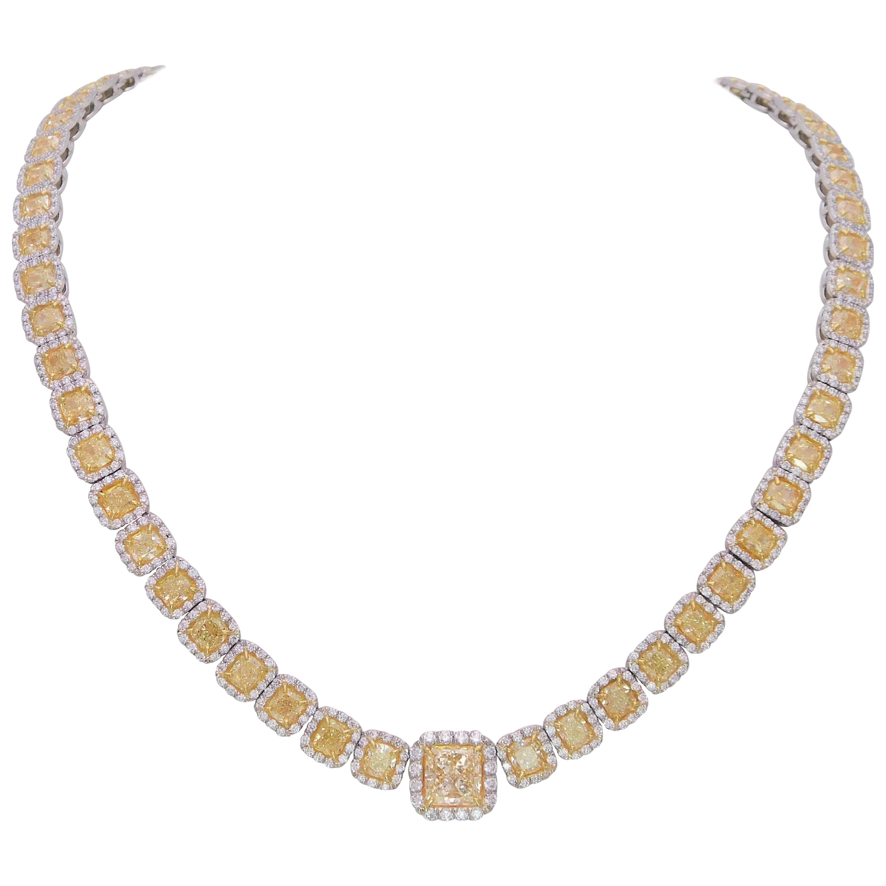 Custom Platinum 43.87 Carat Natural Canary Yellow Diamond Halo Princess Necklace For Sale