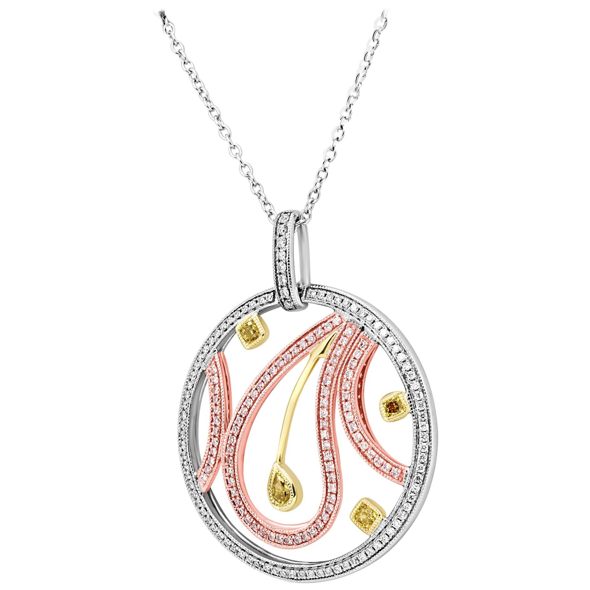 Natural Fancy Color and Pink Diamond Three Color Gold Medallion Chain Pendant
