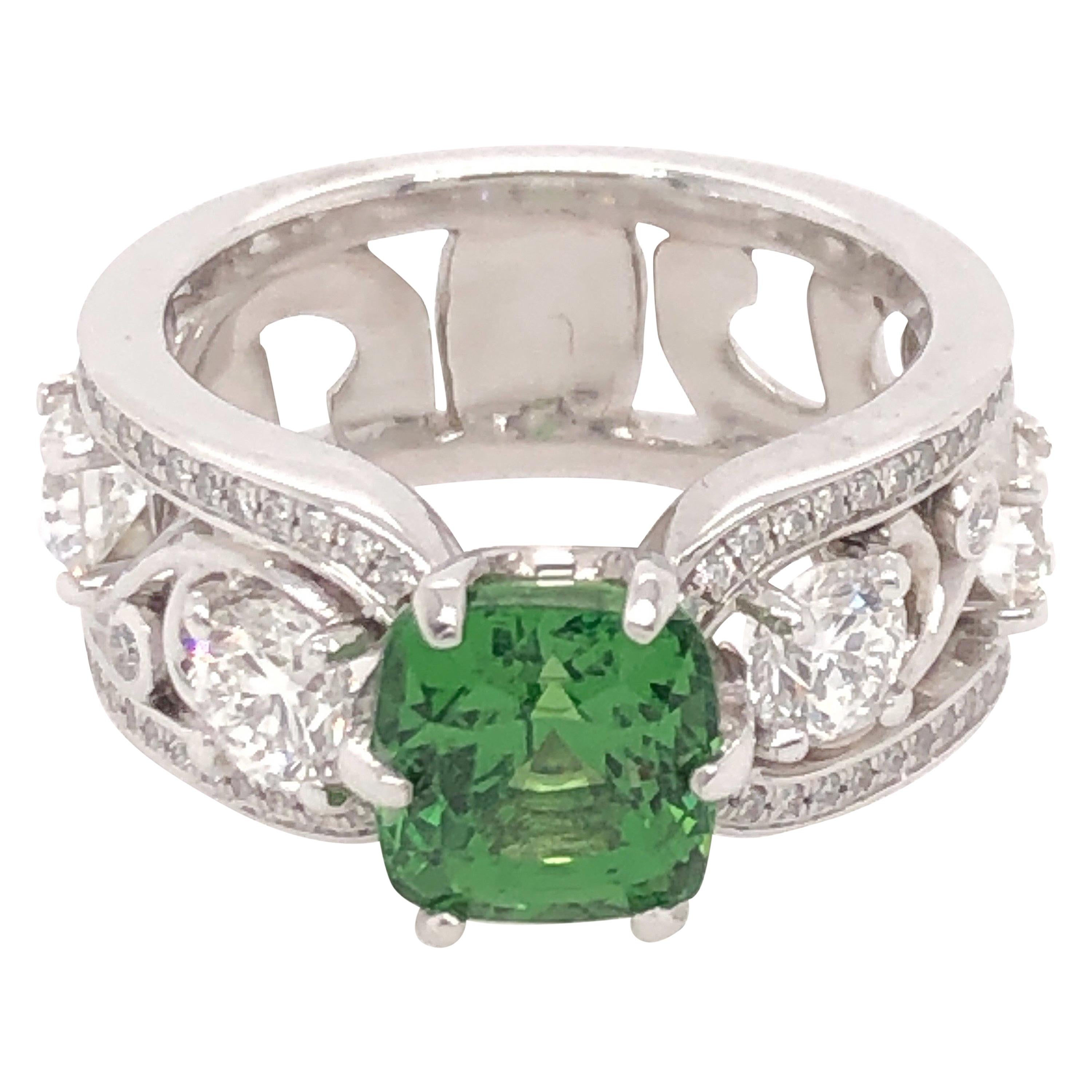 Cushion Cut Green Tsavorite and Diamond White Gold Ring