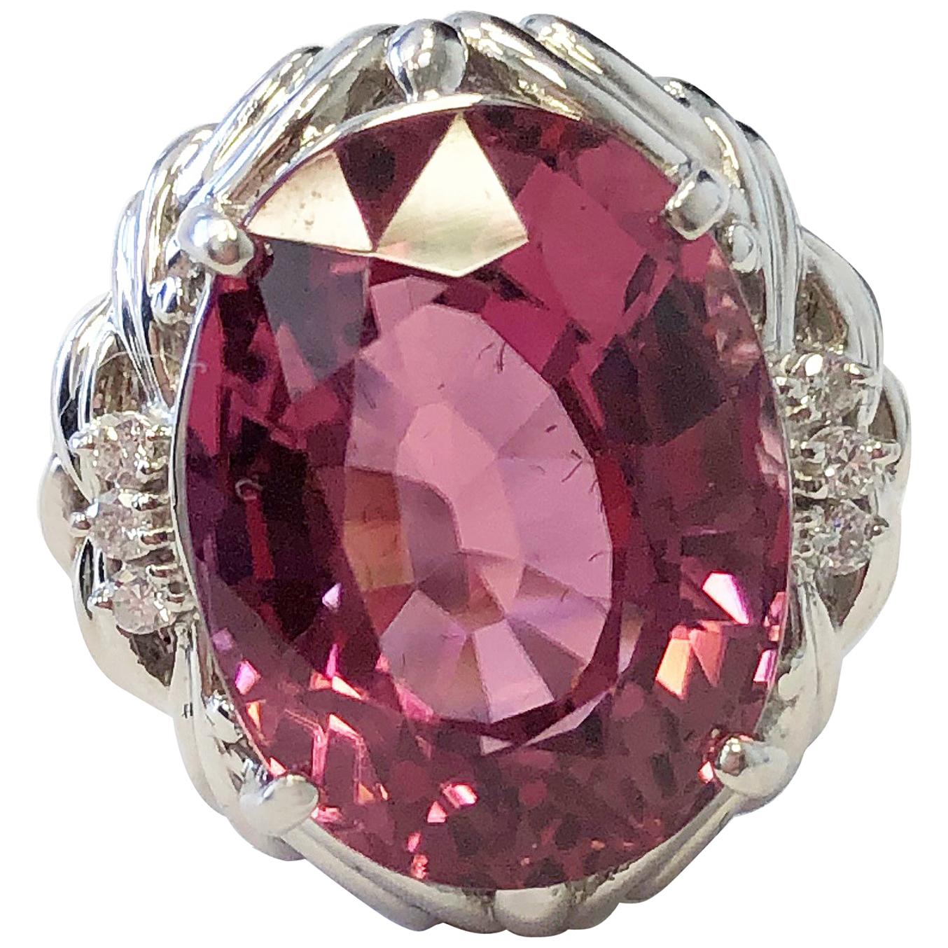 Pink Tourmaline Oval and Diamond Cocktail Ring in Platinum