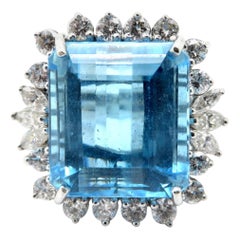 Vintage Estate 18 Karat White Gold Diamond and Blue Topaz Art Deco Style Fashion Ring