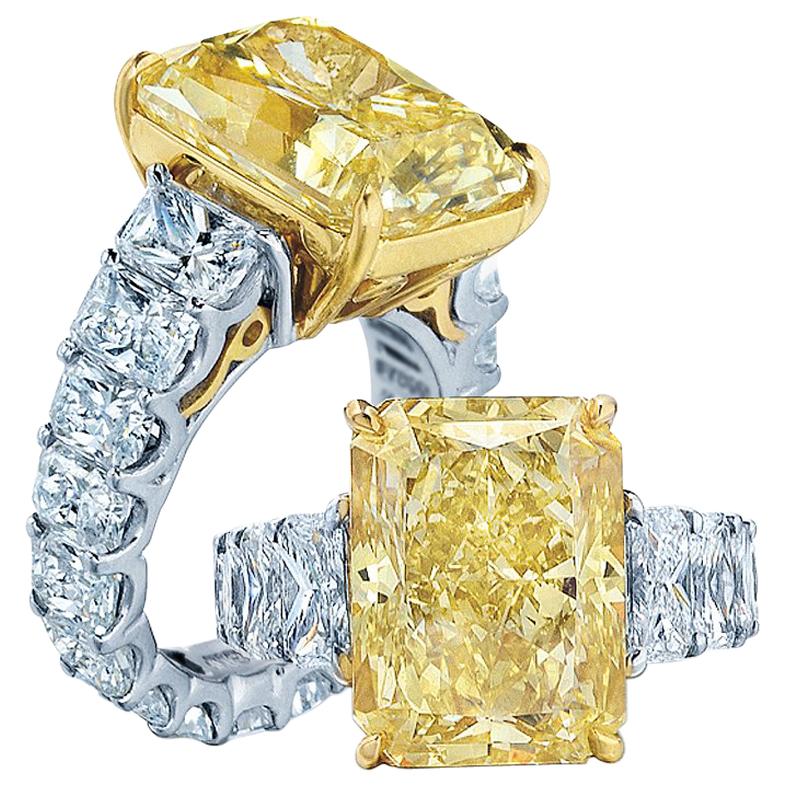 5 Carat GIA Radiant Cut Fancy Yellow Diamond 950 Platinum Ring For Sale