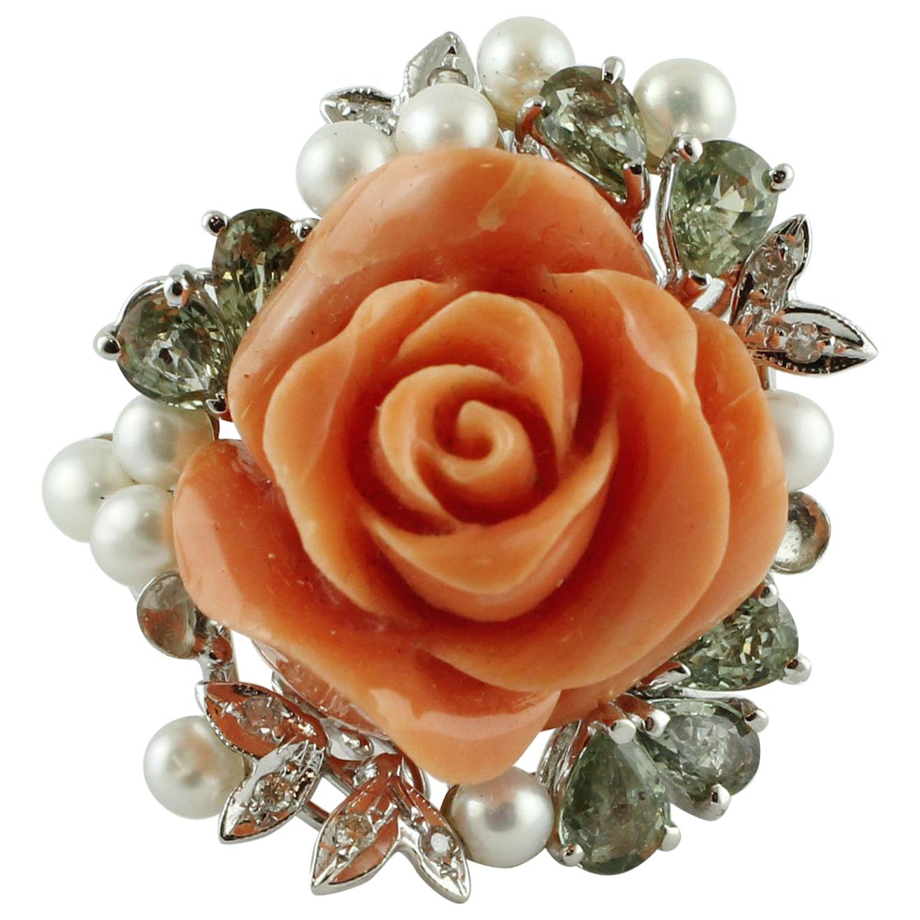 Coral Flower, Diamonds, Sapphires, Pearls, 14k White and Rose Gold Ring 