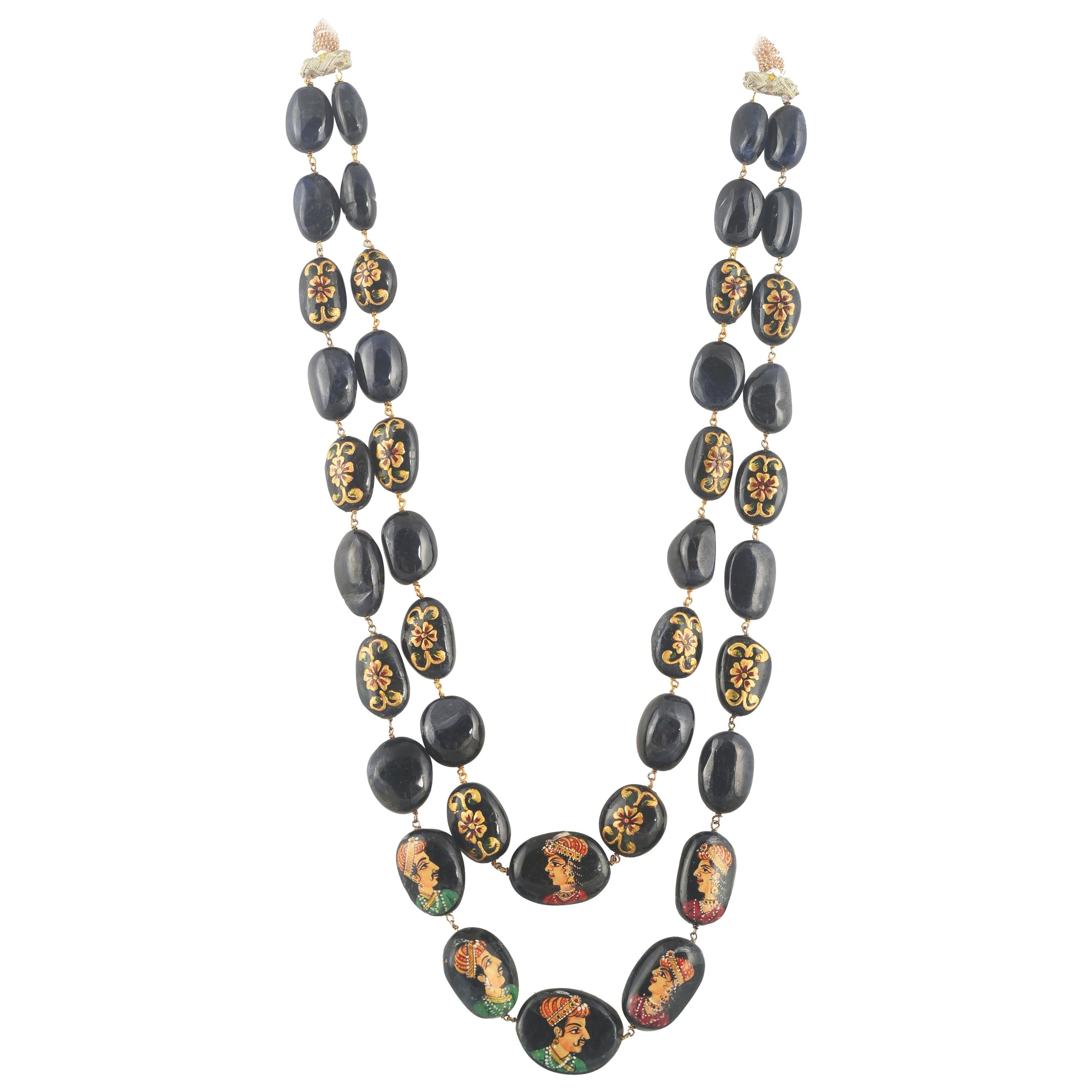 1553 Carat of Natural Burma, Mughal Hand Painted Blue Sapphire Bead Necklace For Sale