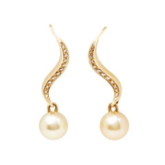Mikimoto 18 Karat Yellow Gold Akoya Pearl & Diamond Drop Earrings