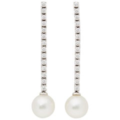 Mikimoto 18 Karat White Gold Akoya Pearl & Diamond Long Drop Earrings