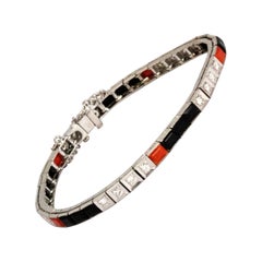 Antique Art Deco Diamond, Onyx and Coral 18 Karat White Gold Tennis Bracelet