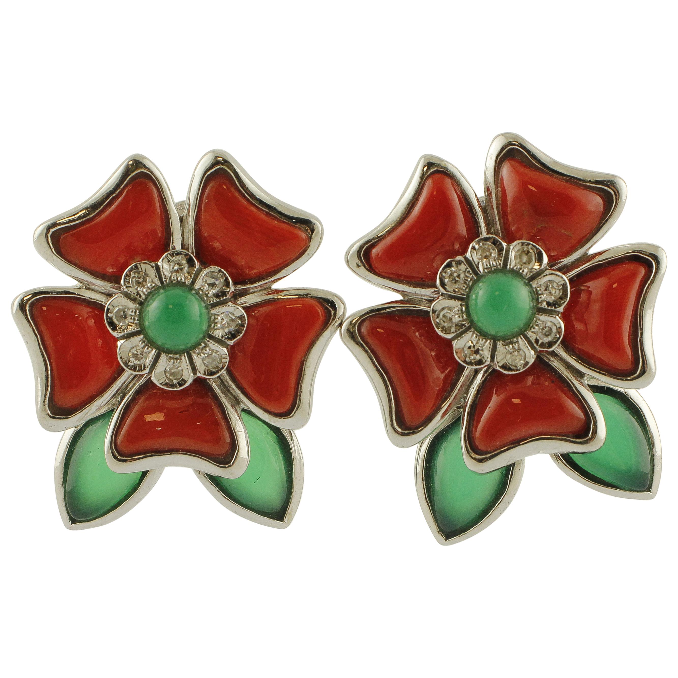 Diamonds, Green Agate and Red Coral Flowers, 14 Karat White Gold Earrings