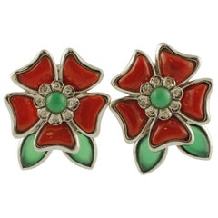 Vintage Diamonds, Green Agate and Red Coral Flowers, 14 Karat White Gold Earrings