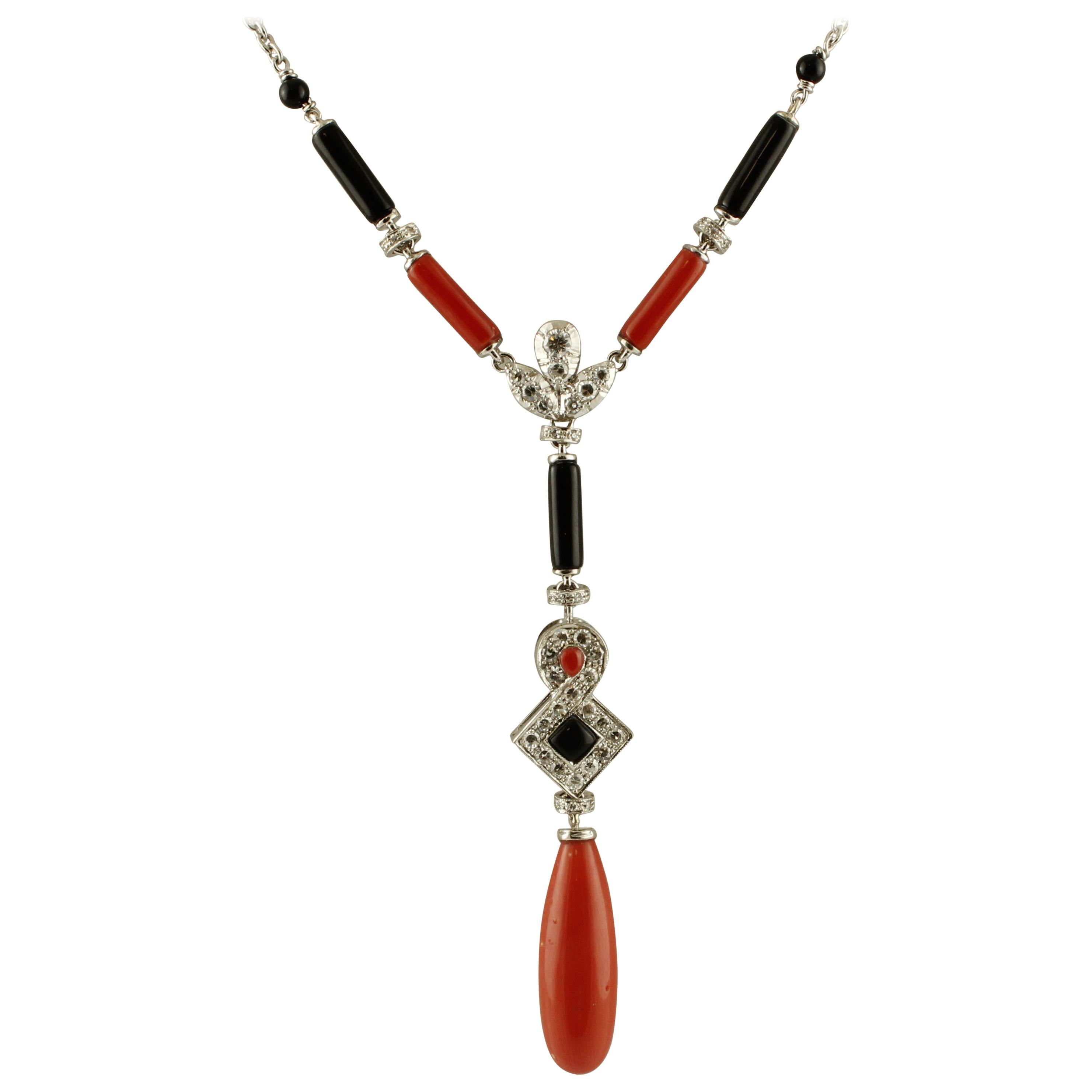 Diamonds, Red Corals and Drop, Onyx, 14 Karat White Gold Pendant Necklace