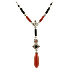 Diamonds, Red Corals and Drop, Onyx, 14 Karat White Gold Pendant Necklace