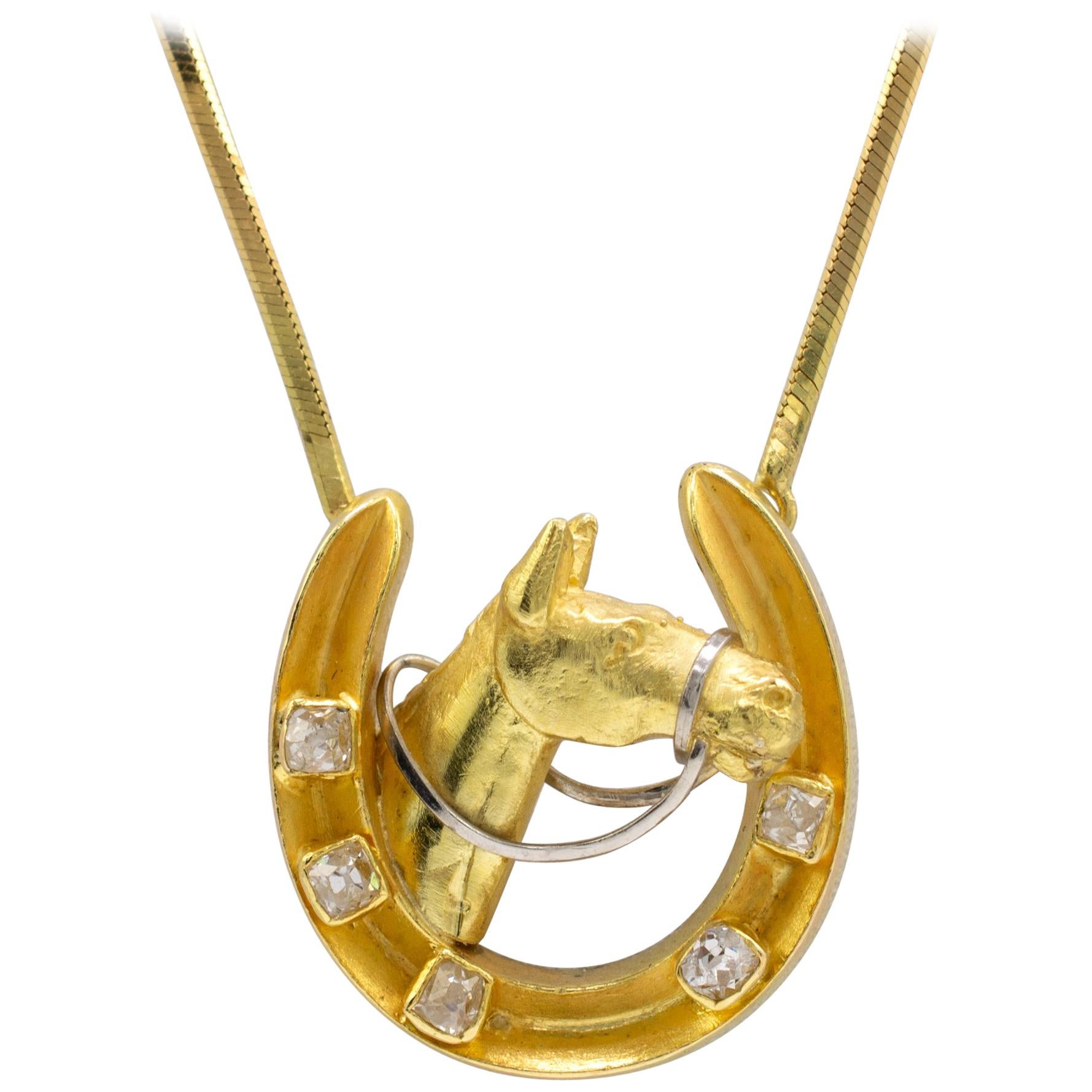 Diamond Horseshoe Pendant Necklace 18 Karat Gold with Split Chain circa 1970s For Sale