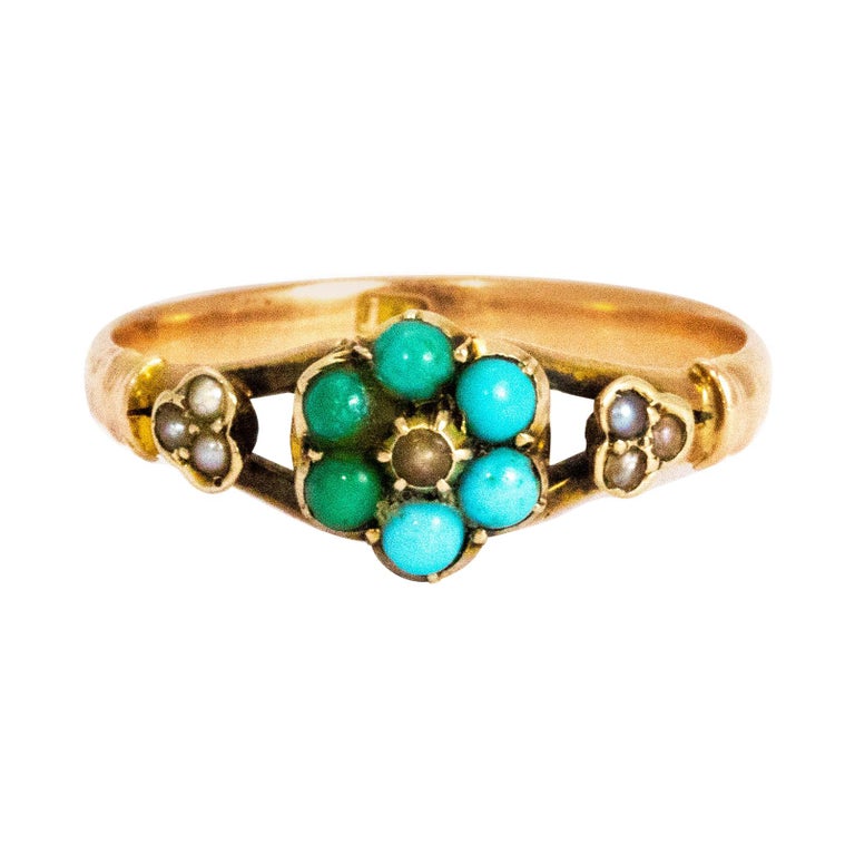 Romantiek blauwe vinvis Knop Mid-19th Century Turquoise and Pearl 15 Carat Gold Ring For Sale at 1stDibs
