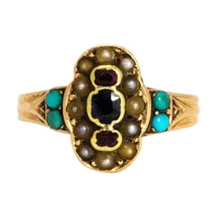 Victorian Turquoise, Pearl, Garnet and Sapphire 18 Carat Gold Ring