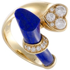 Diamond and Lapis Heart Yellow Gold Bypass Ring