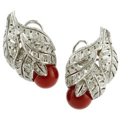 Red Coral Spheres, White Diamonds, Platinum Clip-on Earrings